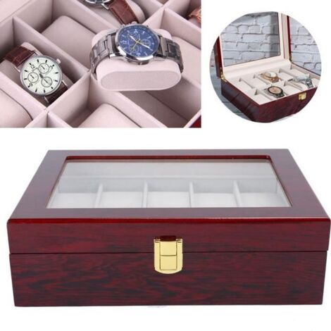 Boîte de rangement de montre de fenêtre transparente en bois à 10 grilles (rouge) HB024 (1/3)