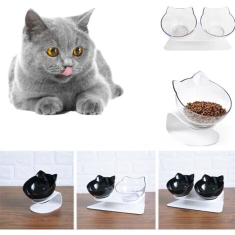 Bol pour animaux - Gamelle - Double - Plastique - Noir + Blanc - 13cm diamètre (1/3)