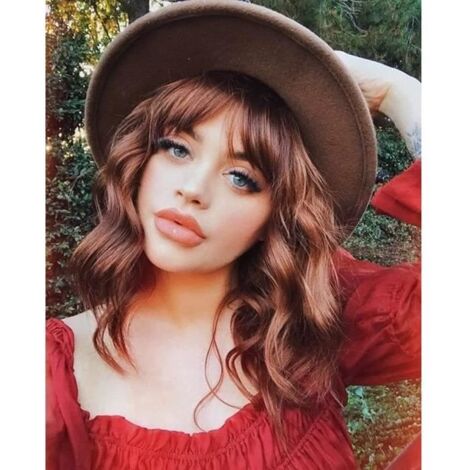 Perruque Femme Courte Bob Marron Perruques Avec Naturel Frange, Peruque Brun Cheveux Bouclés Ondulés De Couleur Naturelle Wig 14\" (1/4)