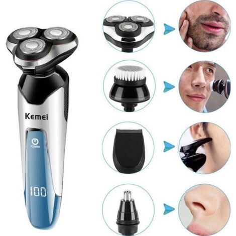 Rasoir Electrique Homme Rasoir 3D 4 en 1 Rechargeable Lavable Sans Fil avec 4 Têtes Rotatives Pour Couper Barbe Cil de Nez Poils (1/4)