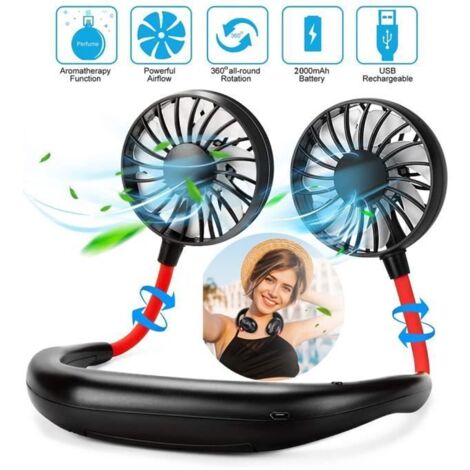Mini Ventilateur de Cou Climatisation Portable USB, 3 Vitesse Réglable, Rotation à 360° - Double Tête - Ventilateur Sportif avec LED