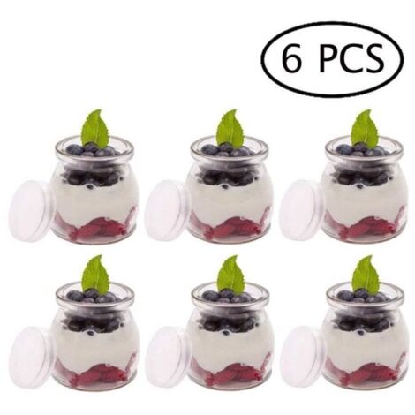 Bocal Verre Lot de 6 Pots de Yaourts avec Couvercles Idéal pour Mousse aux Chocolat Crèmes Desserts Yaourts Transparent (200ml) Boca (1/4)