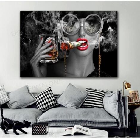 Moderne Simple Fumer Femme Vin Verre Art Toile Peinture Affiche et Impressions Mur Art Salon Cuisine Décoration 50x70cm Sans Cadre (1/4)