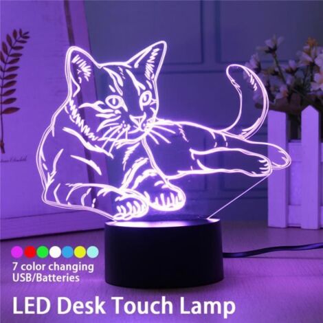 Lampe de Chevet - Chat - 3D LED - Tactile - 7 Couleurs - Enfant Cadeau (1/4)