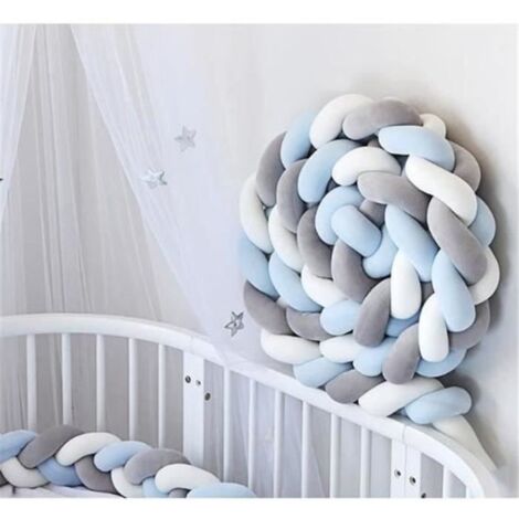 3M Tour de Lit Coussin Serpent Coussin Tressé Pare-chocs Velours Protection Bébé (Blanc+Gris+Bleu)