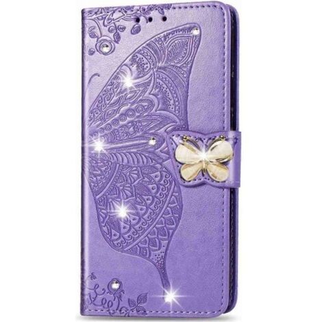 Coque Samsung Galaxy A21s,Coque de Protection Anti-Chocs Glitter en Cuir Avec Diamant Porte-Cartes Magnétique Violet Clair (1/3)