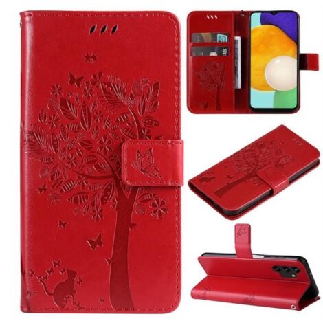 Coque pour Samsung Galaxy A13 4G/A13 5G/A13 lite/M13 Housse PU Flip Etui Téléphone Magnétique Protection case- Rouge arbre et chat (1/4)