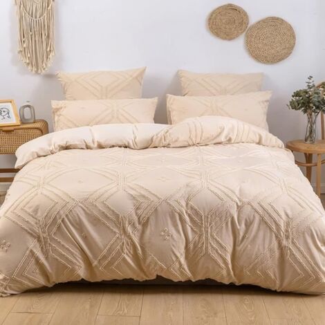 Housse de Couette Touffetée 220x240 cm 2 Personnes et 2 x Taies d\'oreiller 50x75 cm Parure de Lit Boho Motif Rayures Brodé Beige