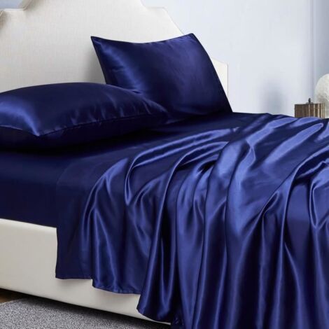 Parure de Lit Satin 4 Pièces Couleur Unie, Drap Housse 135x190x36 cm Grand Bonnet avec Drap Plat et 2 x Taie d\'Oreiller, Bleu Marin