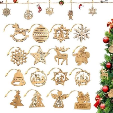 Ornements - Bois - Sapin de Noël - 16pcs - Corde de jute - Réutilisables - 7,5 cm (1/4)