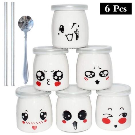 6 Pots pour Yaourt ou Crème Dessert en Verre avec Décor émoticône, Pailles réutilisables Cuillère Inclus (200m) (1/4)