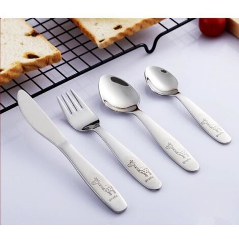 Couverts enfant en inox 4 Pièces: 1 x Fourchettes,1 x Couteaux, 2 x Cuillères -Couverts girafe pour garçons (girafe x 4) (1/4)