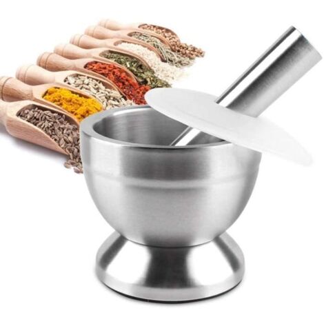 Mortier et Pilon avec un Couvercle,Bol en Métal Solide en Acier Inoxydable Grinder Moulin à Ail Broyeur de Pilules Presse-ail (1/4)