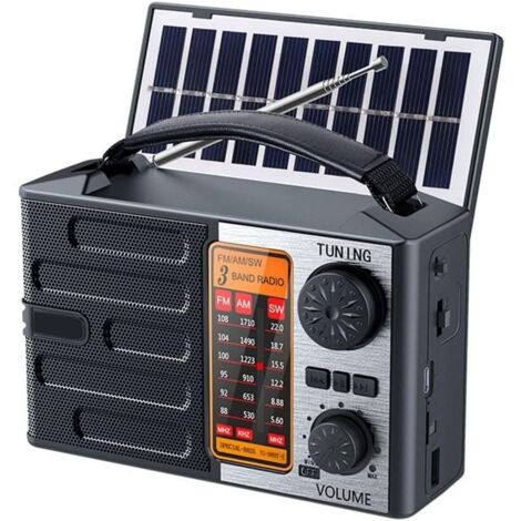 Radio solaire portable AM/FM avec récepteur manivelle – Multi-bandes – Lampe de poche intégrée – Lecture audio via USB/TF