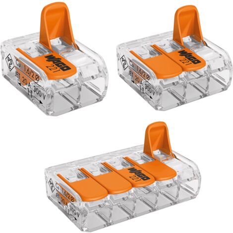 Wago – Assortiment de bornes à levier 2, 3 et 5 contacts – Boîtier transparent – Raccordement 0,2 à 4 mm² – Supporte jusqu'à 32A/450V