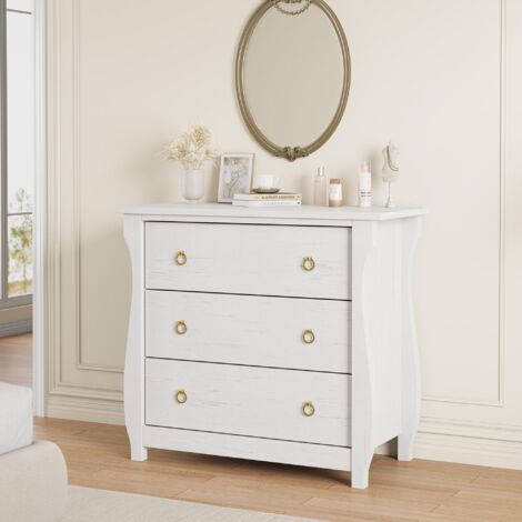 Commode moderne à 3 tiroirs avec poignées anneaux en métal, 40 x 76 x 74 cm, blanche (1/5)
