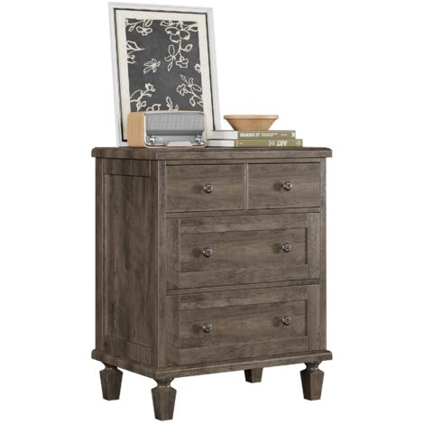 Commode Vintage 4 tiroirs en Bois Massif, Style mi-siècle, poignées sculptées, Pieds fuselés, Robuste pour Chambre, Finition élégante – Couleur : Gris Clair