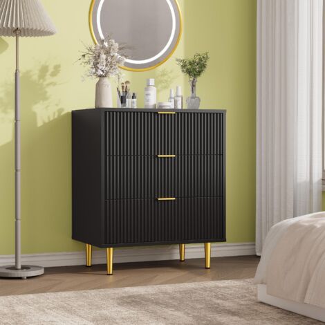 Commode 3 tiroirs noire en bois façade cannelée 60P x 39,5l x 74,8H cm, poignées et pieds métal chambre salon