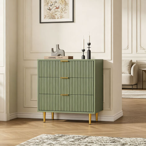 Commode 3 tiroirs vert avocat en bois façade cannelée 60P x 39,5l x 74,8H cm, poignées et pieds métal chambre salon