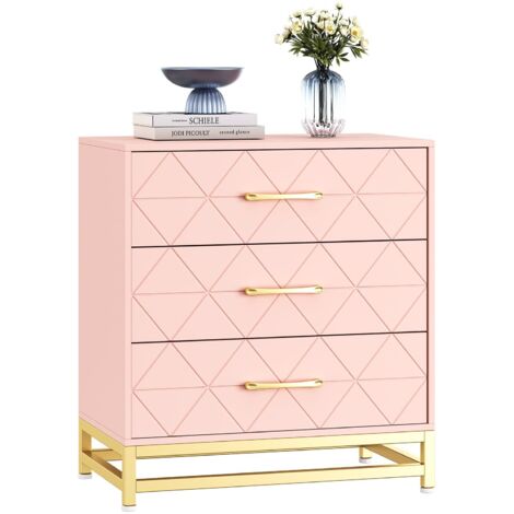 Commode Moderne à 3 tiroirs - Design Compact et Robuste MDF de Haute qualité Poignées dorées élégantes Fermeture amortie système Anti-basculement (Rose)