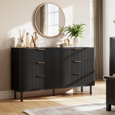 Commode moderne noire 6 tiroirs 40x139x76 cm, lignes ondulées, pieds métal, anti-basculement, rangement pour chambre et entrée (1/5)