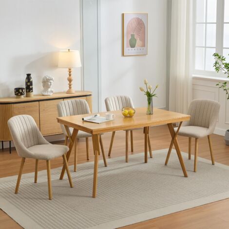 Lot de 4 chaises de salle à manger beige – Tissu rembourré – Dossier incurvé ergonomique – Pieds aspect chêne – Sans accoudoirs pour salon et cuisine (1/5)