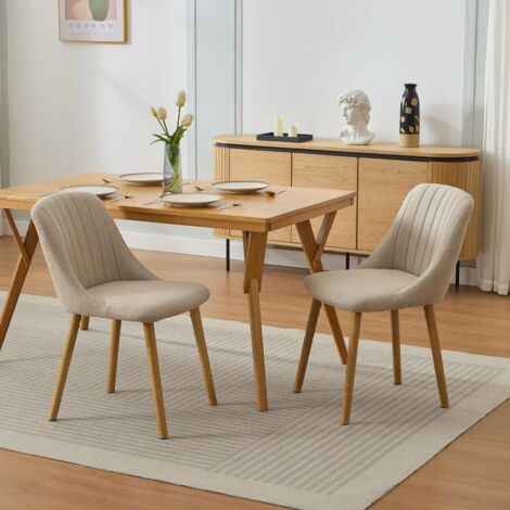 Lot de 2 chaises de salle à manger beige – Tissu rembourré – Dossier incurvé ergonomique – Pieds aspect chêne – Sans accoudoirs pour salon et cuisine (1/5)
