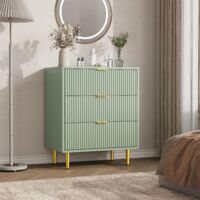 Commode 3 tiroirs vert olive en bois façade cannelée 60P x 39,5l x 74,8H cm, poignées et pieds métal chambre salon