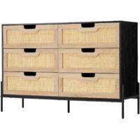Commode 6 tiroirs rotin naturel et bois 40x120x82 cm, style ferme moderne, pieds métal, finition chêne et noir pour chambre salon entrée
