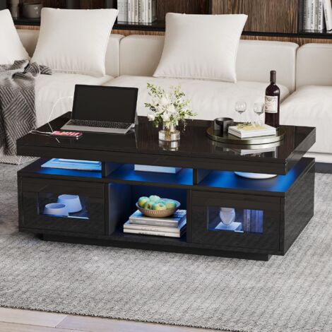 100×50×43cm Schwarz Hochglanz-Couchtisch, mit per mobiler App steuerbaren LED-Leuchten, Wohnzimmertisch mit Schrank, Sofatisch mit Ladeanschluss und steckdose , geeignet für Büro, Arbeitszimmer (1/5)
