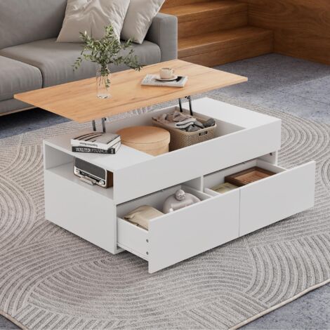 1005040cm couchtisch Höhenverstellbarer Kaffeetisch mit Verstecktem Stauraum, wohnzimmertisch mit 2 schubladen,Sofatisch mit halboffenem Stauraum, Beistelltisch in Weiß + Holzfarbe