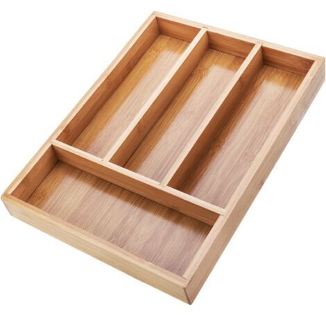 Range couverts en bois bambou 25x4x34 cm – Plateau amovible avec 4 compartiments – Pour ustensiles de cuisine et bijoux – Primematik