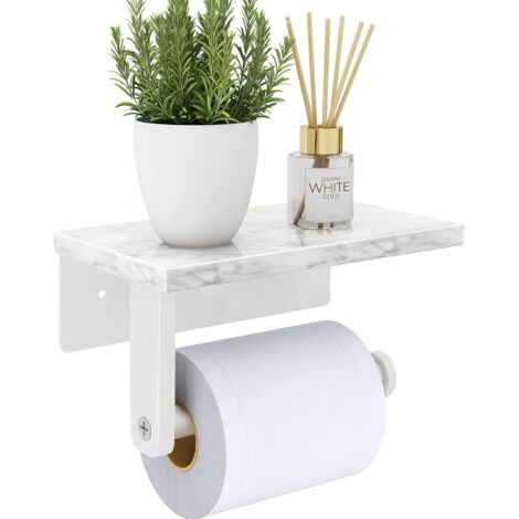 Porte-papier hygiénique avec étagère en marbre naturel, vis en acier inoxydable 304 mural, distributeur de porte-rouleau de papier de soie pour salle de bain et toilettes, blanc (1/5)