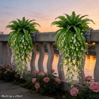 2 Sets Artificial Hanging Plants for Outdoor – Boston Fern & Camellia, Realistic Garden Wall Decoration, Low-Maintenance Green Plants