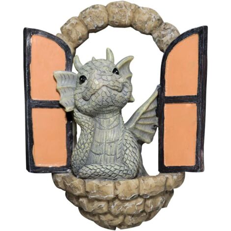 Solar Dragon Garden Statue, Resin Wall Ornament with Fairy Door, Outdoor Decoration
