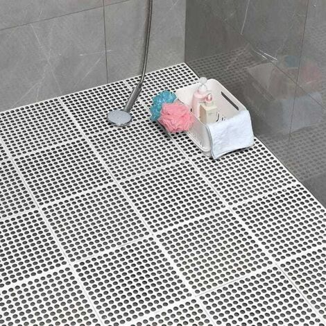 5 White Bathroom Floor Tiles, Anti-Slip Shower Mat, Drainage Holes, 30x30cm (1/5)
