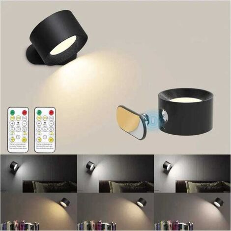 2pcs Rechargeable LED Wall Lights, Remote-Control, 3 Color Modes, 360° Magnetic Rotation, Black (1/5)