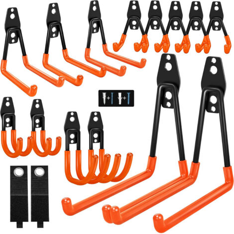 16-Pack Orange Wall Hooks for Garage – Non-Slip Storage Hooks for Bike, Ladder, Garden Tools, and Hoses (1/5)