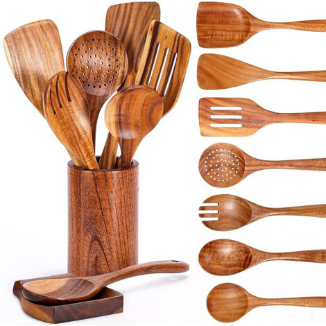 9-Piece Teakwood Kitchen Utensil Set – Spatula, Ladle, Fork, and More with Storage Pot and Spoon Rest, Ideal for Non-Stick Pans (1/5)