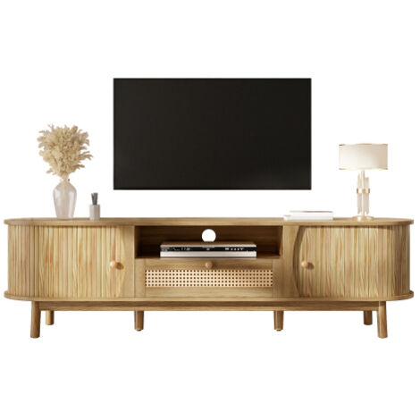 TV Stand with Doors and Drawers – Solid Wood Doors and Rattan, Farmhouse Style Storage Solution, Low Profile (1/5)
