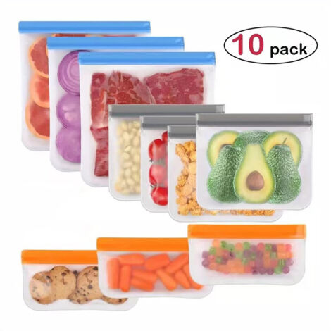 Set of 10 Reusable Food Storage Bags – Leakproof, BPA-Free, Dishwasher Safe, Freezer & Storage, 3 Gallon + Sandwich & Snack Bags