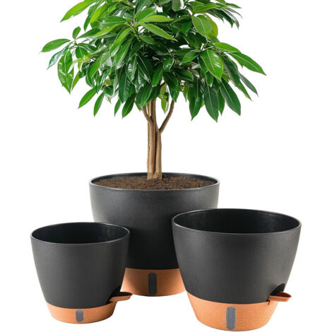 Flower pots 8/10/12 in – Recyclable polypropylene – Drainage holes and water level indicator for air circulation – Includes saucer, Black (1/5)