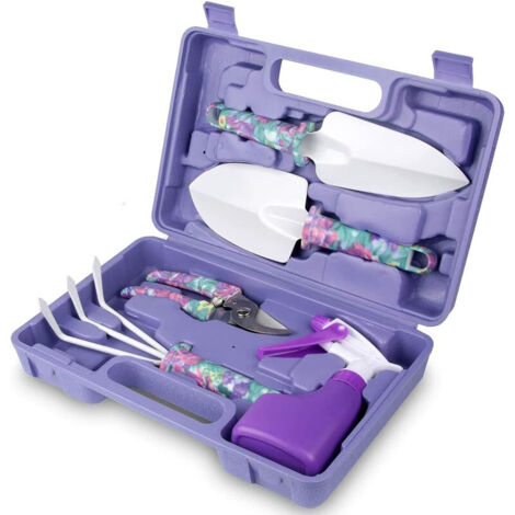 5-piece garden tool set made of aluminum with floral pattern – Includes trowel, rake, etc (1/5)
