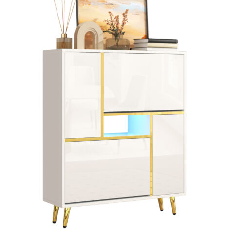 Modern White Shoe Cabinet – High-Gloss Front with 16-Color LED Lighting, 80 × 25 × 96 cm (1/5)