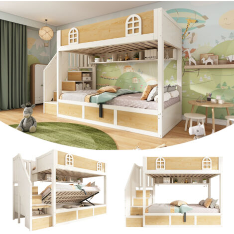 Bunk Bed for Children 90×200 cm with Storage Stairs and Guardrail, Double Loft Bed in White and Natural Wood, Slatted Frame Included (without Mattress)