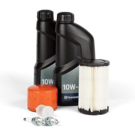Husqvarna – Kit entretien autoportée Rider – 1 filtre à air, 2 bougies, 1 filtre à essence, 1 filtre à huile, 2 bidons d'huile – Compatible avec modèles bicylindres