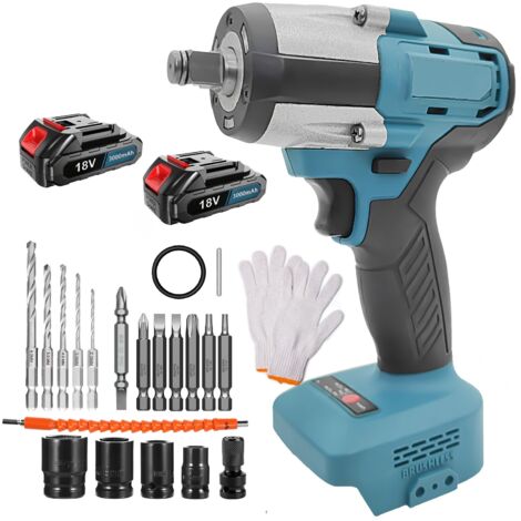 Avvitatore a impulsi senza fili con coppia elevata di 500 Nm, motore brushless con 2 batterie da 3,0 Ah e 4 bussole per dadi delle ruote di auto, camper e camion.
