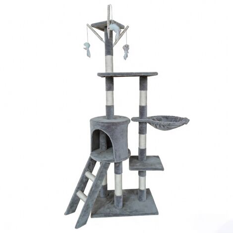 Rascador para gatos de 140 cm de alto, casa de felpa de varios niveles, 7 postes, 1 cueva, 1 hamaca y 3 juguetes, gris claro
