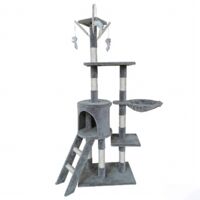 Rascador para gatos de 140 cm de alto, casa de felpa de varios niveles, 7 postes, 1 cueva, 1 hamaca y 3 juguetes, gris claro