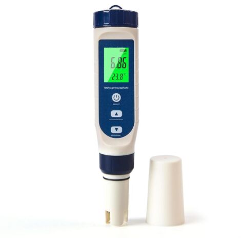 pH-Meter – Geeignet zur Messung der Wasserqualität – Multifunktionale Messung von pH-Wert, Salzgehalt, Leitfähigkeit, Gesamtgehalt an gelösten Feststoffen und Temperatur – Automatische Temperaturkompe